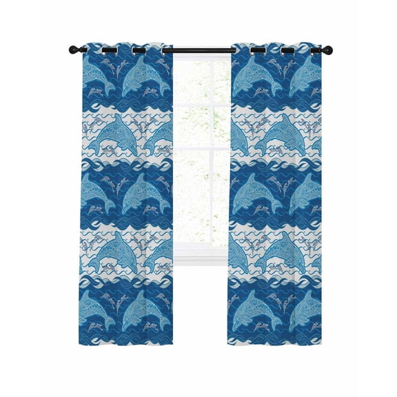 Ocean Dolphin Blackout Curtains for Bedroom Living Room, Blue Nautical Waves Vintage Summer Ethnic 39 In Long Thermal Insulated Room Darkening Drapes Grommet Window Treatments, 27.5 x 39 In