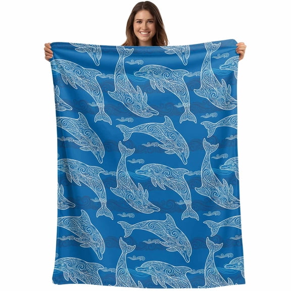 Ocean Dolphin Blanket Soft Cozy Warm Twin Blanket for Bed, Plush Fuzzy Flannel Fleece Blankets for Sofa, Summer Blue Coastal Waves Ethnic Throw Blankets for Couch, Lightweight Gifts, 60"x80"