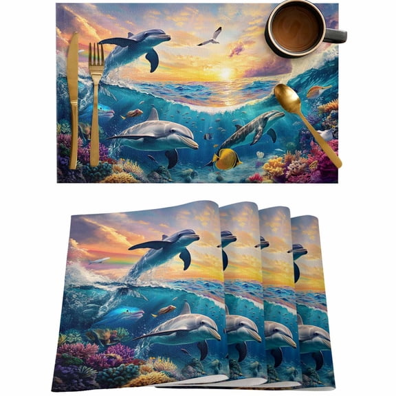 Ocean Dolphin Blue Ocean Coral Placemats Set of 4,Wipeable Washable Table Mats for Dining Tables,Watercolor Underwater World Place Mats for Kitchen Event Party Tabletop Decor