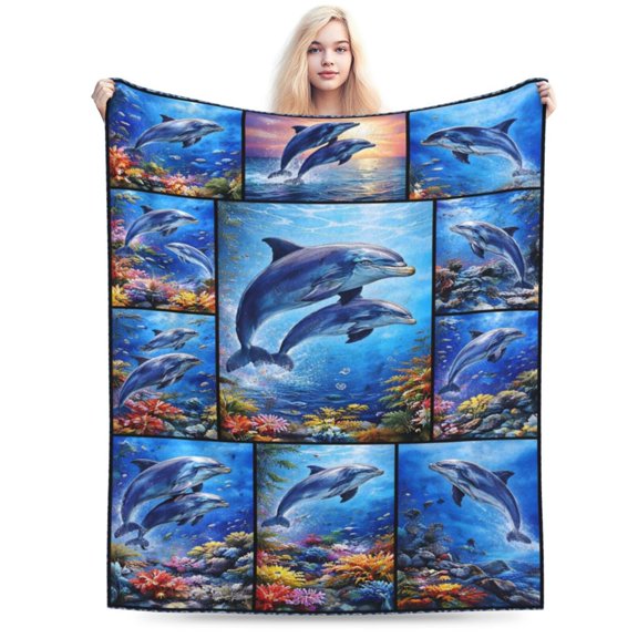 Ocean Dolphin Collage Blanket for Couch Bed Beach House Nautical Home Decor Accent 60x50