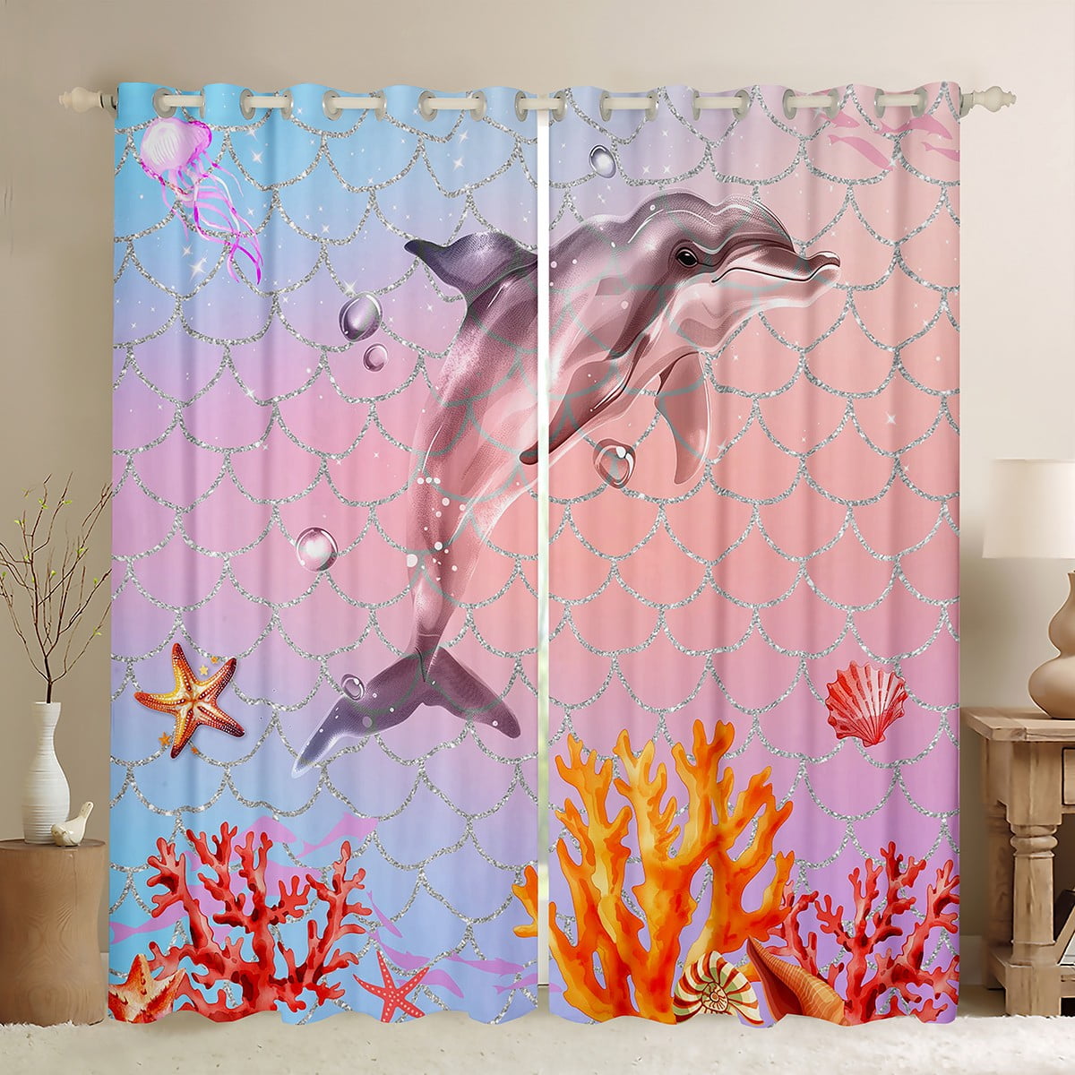 Ocean Dolphin Curtains & Drapes,Cute Dolphin Pattern Curtains Pink ...