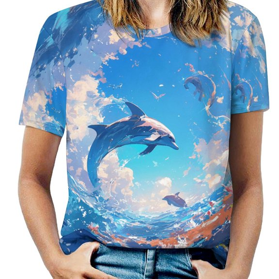 Ocean Dolphin Dream Womens Tops Women's Fashion Casual Short Sleeve Flower Print Round Neck Pullover Top Blouse