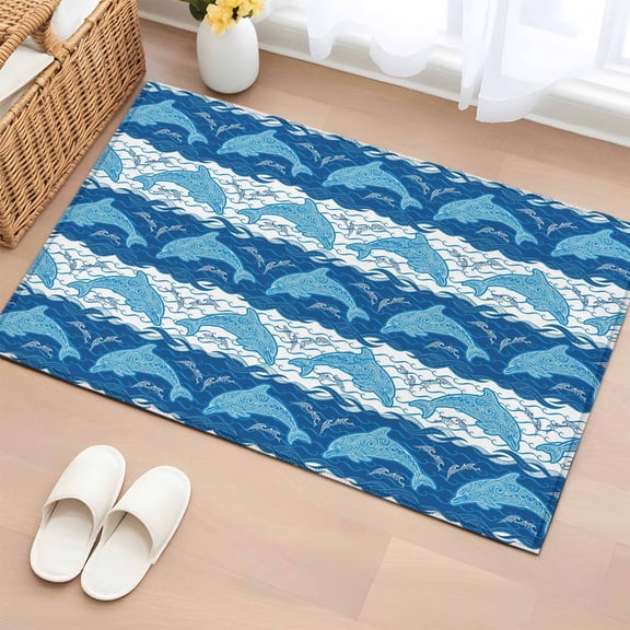 Ocean Dolphin Entryway Rug 2'x3' Non Slip Front Door Mats, Summer Blue Nautical Coastal Waves Entrance Rugs Indoor Outdoor Carpet, Washable Floor Mats Small Area Rug for Bedroom Kitchen