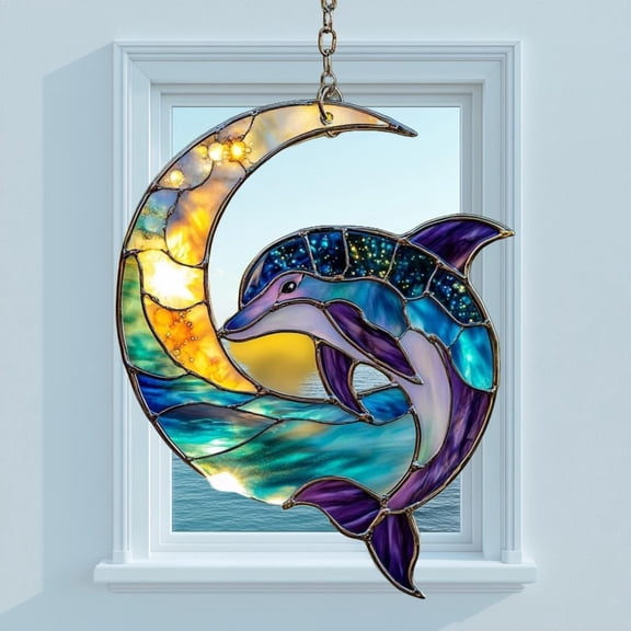 Ocean Dolphin Faux Wavy Acrylic Wavy Acrylic Window Suncatcher - Moonlight Beach Hanging Art - Gift For Her Or Summer Decor