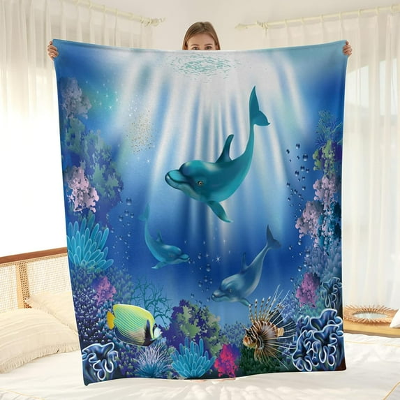 Ocean Dolphin Fish Blanket Underwater World Colorful Sea Life Throw Gifts for Kids Girls Boys Mom Women Men Dad Birthday Mother''s Day Father''s Day Soft Plush Throw 50"x60"