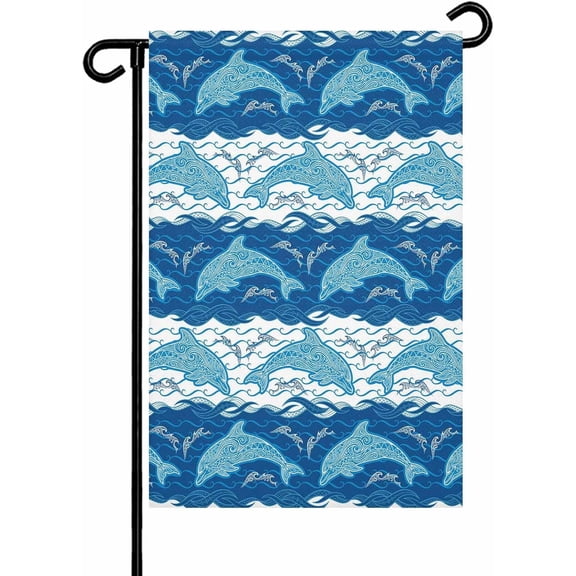 Ocean Dolphin Garden Flag 12x18 Inch Blue Nautical Waves Vintage Summer Ethnic Double Sided Yard Flags for Outdoor Decoration Welcome Flag Outside Holiday Home Garden Porch lawn Patio Sign