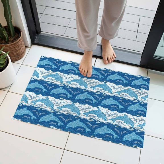 Ocean Dolphin Indoor Door Mat 16x24 Inch Blue Nautical Waves Vintage Summer Ethnic Front Door Mat Non Slip Washable Entryway Rug Low Profile Dirt Trapper Doormat for Bathroom Kitchen Bedroom