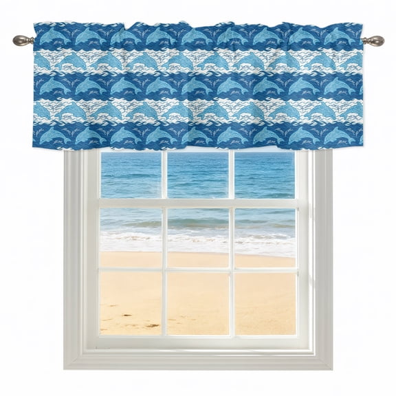 Ocean Dolphin Kitchen Valances for Windows 54x18 Inch Kitchen Curtains Valances Rod Pocket Summer Blue Nautical Coastal Waves Bathroom Window Valances for Window Treatment Decor