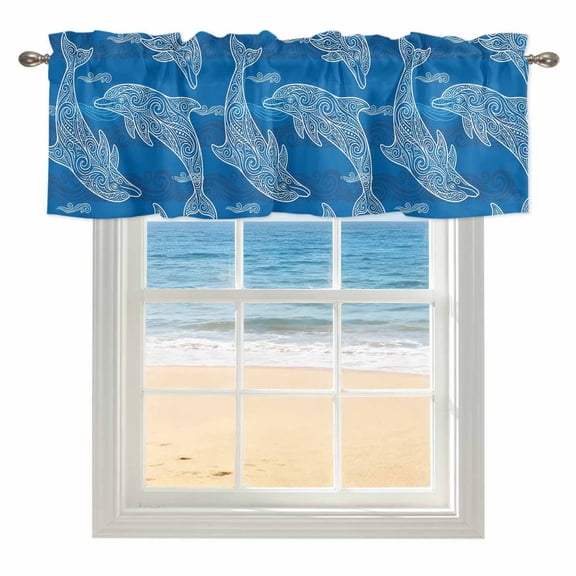 Ocean Dolphin Kitchen Valances for Windows 60x18 Inch Kitchen Curtains Valances Rod Pocket Summer Blue Coastal Waves Ethnic Bathroom Window Valances for Window Treatment Decor