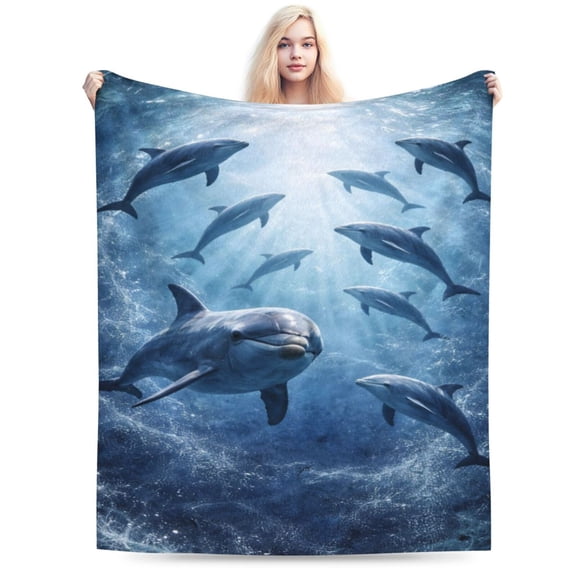 Ocean Dolphin Marine Blanket, Underwater Sea Life Throw, Coastal Blue Fleece Blanket for Summer Beach House Home Decor 50x40