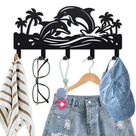 Ocean Dolphin Metal Key Hook Marine Animal Coat Rack Wall Mounted 9.84.7inch Coconut Tree Black Art Wall Decor Key Holder