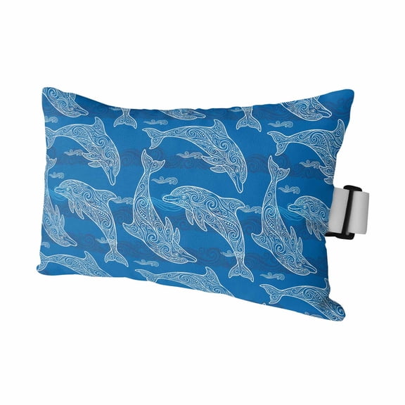 Ocean Dolphin Outdoor Pillows for Chaise Lounge Chair Waterproof Lumbar Pillows with Insert&Adjustable Elastic Strap Beach Headrest Pillow Summer Blue Coastal Waves Ethnic Pool Pillow 11"x16"