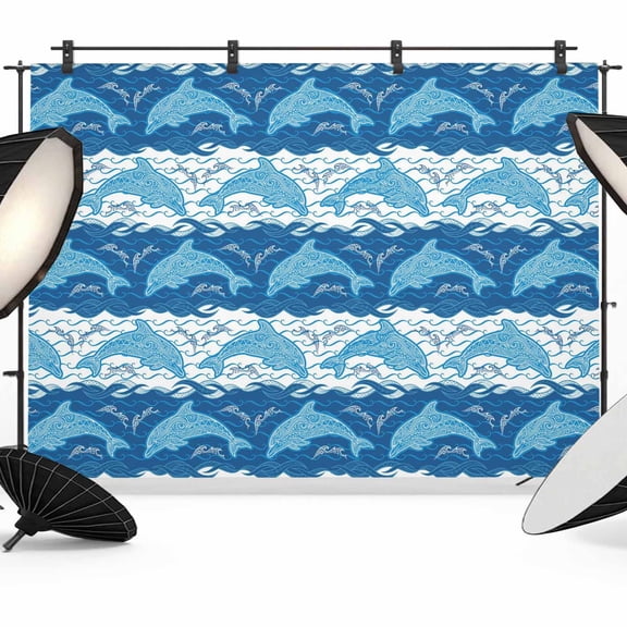 Ocean Dolphin Photography Backdrop 7x5FT, Blue Nautical Waves Vintage Summer Ethnic Photo Backdrops, Background for Photography Studio Photo Studio Background, Back Drop for Photoshoot