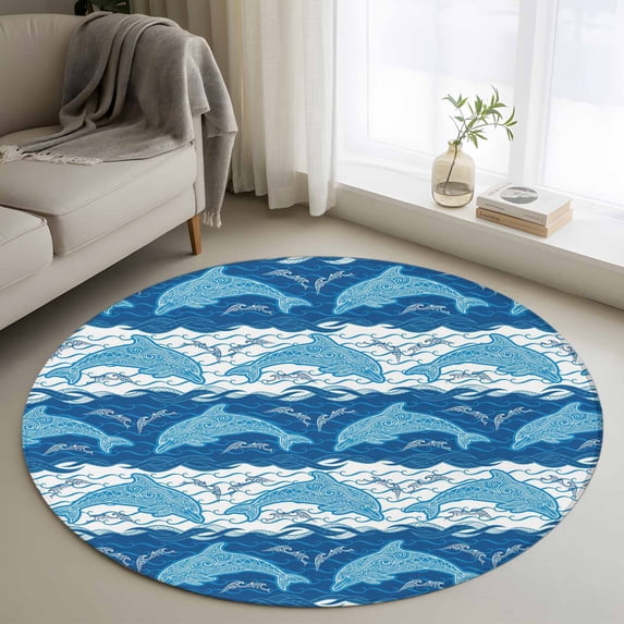 Ocean Dolphin Round Area Rug 4Ft Washable Circle Rugs for Bedroom Dining Room, Summer Blue Nautical Coastal Waves Non-Slip Carpet Floor Mats Indoor Outdoor Carpet Runner Aesthetic Home Decor
