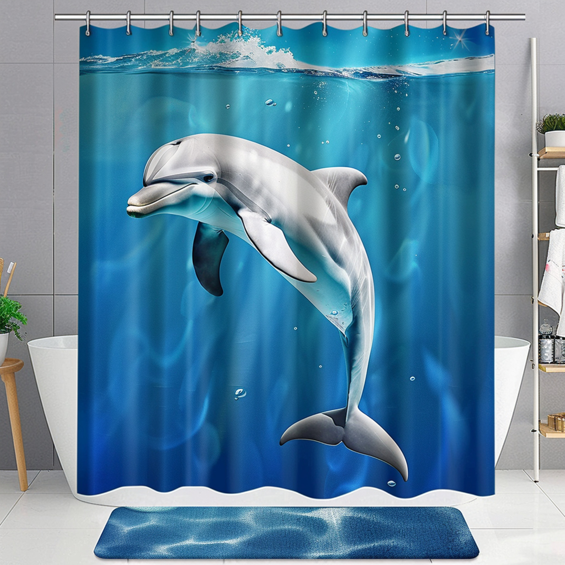Ocean Dolphin Shower Curtain Set Blue Background Bathroom Decor with Rectangularand Simple Style