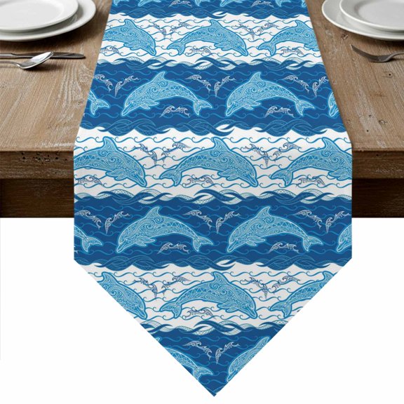 Ocean Dolphin Table Runner Linen Burlap Table Runner 36 Inches Small Summer Blue Nautical Coastal Waves Dresser Scarves for Kitchen Island Coffee Dining Room Party Wedding Holiday Decor 13"x36"