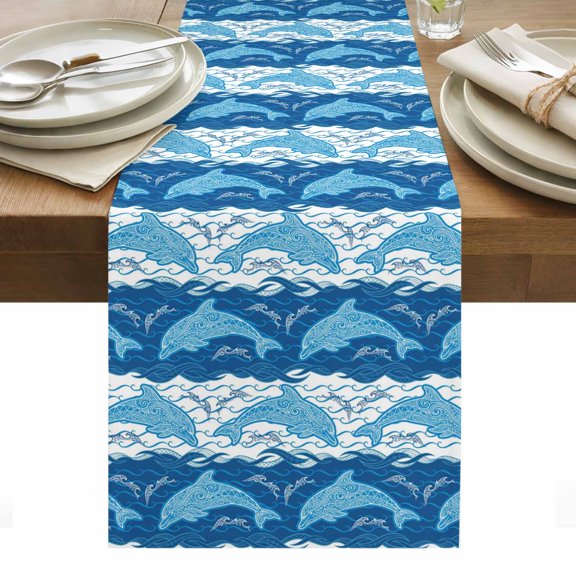 Ocean Dolphin Table Runner Summer Blue Nautical Coastal Waves Tablerunners 13 x 36 Inch, Table Decorations Tabletop Scarf for Summer Gathering Holiday Farmhouse Kitchen Dining Decor
