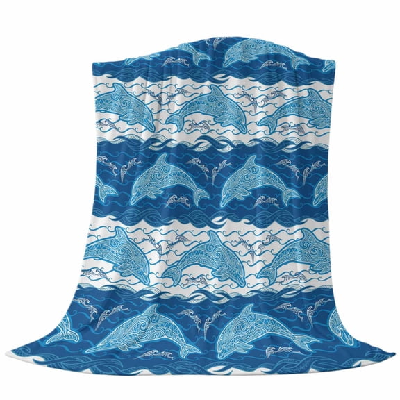 Ocean Dolphin Throw Flannel Blanket Blue Nautical Waves Vintage Summer Ethnic Super Soft Cozy Bed Blanket, Lightweight Plush Fuzzy Bed Throw for Bedroom Sofa Couch Living Room 40x50In,