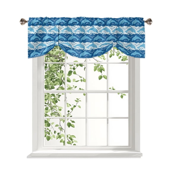 Ocean Dolphin Tie Up Valances Curtain, Blue Nautical Waves Vintage Summer Ethnic Adjustable Rod Pocket Window Treatment Short Tie Up Curtains Valances for Kitchen Living Room Bathroom 60x18 Inches