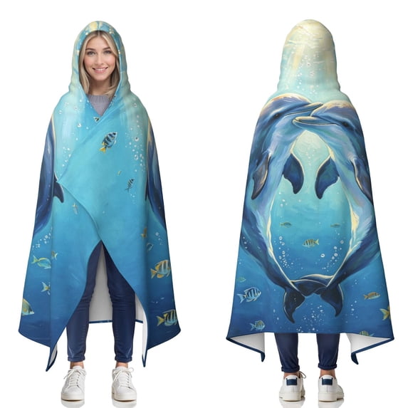 Ocean Dolphin Wearable Blanket Hoodies for Women Men Adults Dolphin Lovers Cozy Plush Cute Dolphins Hooded Blankets for Cozy Plush Decor Birthday Gifts 50×60 Inch
