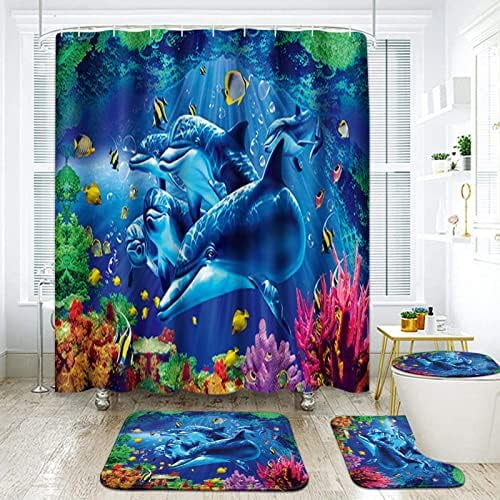 Ocean Dolphins Bathroom Set with Shower Curtain and Rugs Accessories  Underwater World Sea Fish Shower Curtain for Bathroom Aquatic Life Seaweed  Bathroom Decor 4 Pcs 