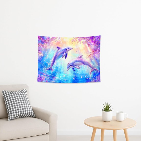 Ocean Dolphins Blue Violet Tapestry, Underwater Fantasy Nature Wall Hanging, Artistic Tapestries Aesthetic for Bedroom, Living Room, Vacation 40x30 Inch