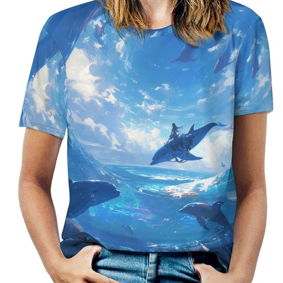 Ocean Dolphins Dream Womens Tops Women's Fashion Casual Short Sleeve Flower Print Round Neck Pullover Top Blouse