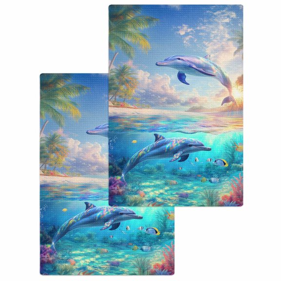 Ocean Dolphins Hand Towels Set,Waffle Weave Kitchen Towels 2PCS,Summer Coral Coconut Trees Tropical Fish Microfiber Hair Face Bath Tea Towel Absorbent Quick Drying Cleaning Dish Cloths,15.7"x23.6"