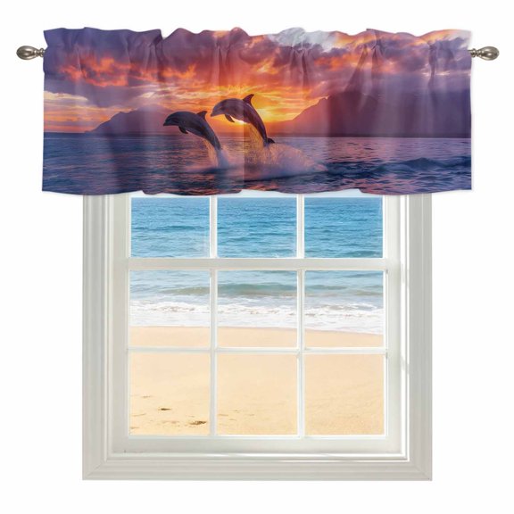 Ocean Dolphins Kitchen Valances for Windows 54x18 Inch Kitchen Curtains Valances Rod Pocket Summer Coastal Sunset Romantic Orange Bathroom Window Valances for Window Treatment Decor