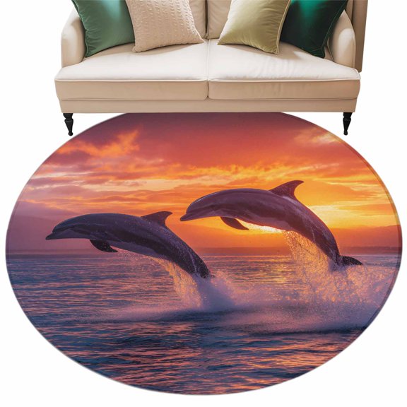 Ocean Dolphins Round Rug 7ft Washable Circle Rugs Non Slip Summer Coastal Sunset Romantic Orange Large Area Rug Indoor Floor Carpet for Bedroom Kitchen Living Room Home Office Dining Room Nursery