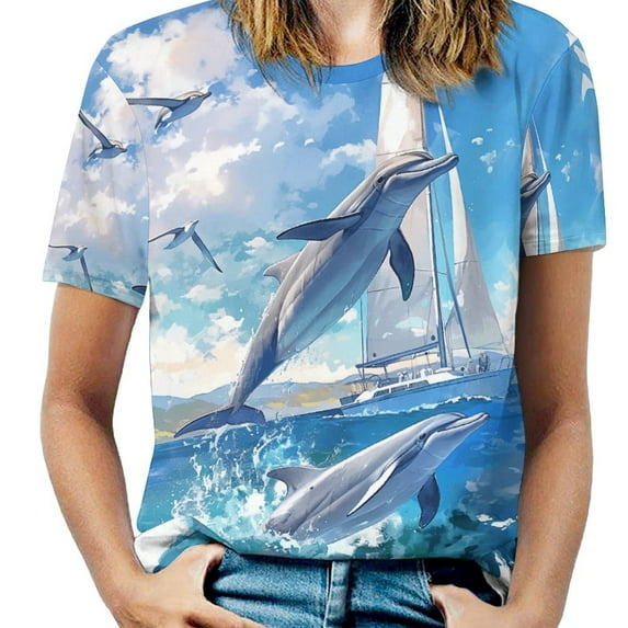 Ocean Dolphins Sailboat Adventure T Shirts Basic T-Shirt Short Sleeve Ladies Tee Shirt Summer Graphic Clothing
