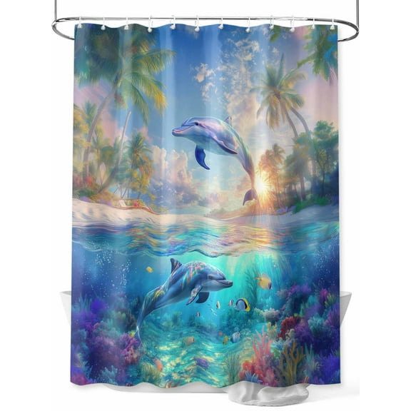Ocean Dolphins Standard Shower Curtain Set, Waterproof Shower Curtains for Bathroom, Summer Coral Coconut Trees Tropical Fish Washable Fabric Cloth Bath Curtain for Bathtub with Hooks 72x72 Inches