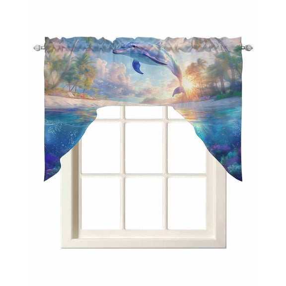 Ocean Dolphins Swag Valance for Windows, Summer Coral Coconut Trees Tropical Fish Curtains Valance for Kitchen Living Room Bedroom Bathroom, Light Filtering Swag Valances Drape 56''x36''