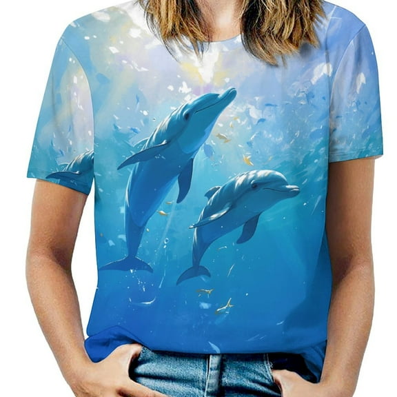 Ocean Dolphins Swim Women's T-Shirt Short Sleeve T Shirts Tops Tee Ladies Loose T