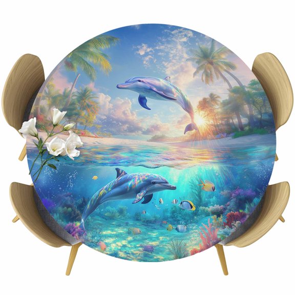 Ocean Dolphins Table Cloth, Round Fitted Tablecloths with Elastic Edge, Summer Coral Coconut Trees Tropical Fish Wipeable Waterproof Table Cover for Kitchen Wedding 36-44 Inches