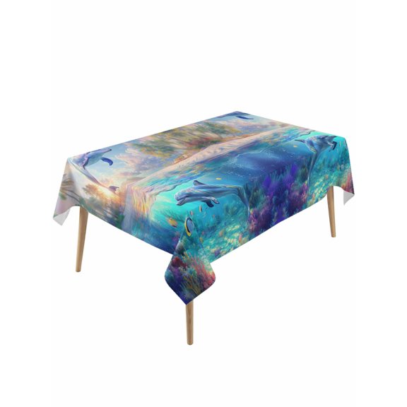 Ocean Dolphins Table Cloth, Summer Coral Coconut Trees Tropical Fish Waterproof Tablecloth for Rectangle Tables, Reusable Washable Fabric Table Cover for Restaurant Kitchen Dining Tables 60"x120"
