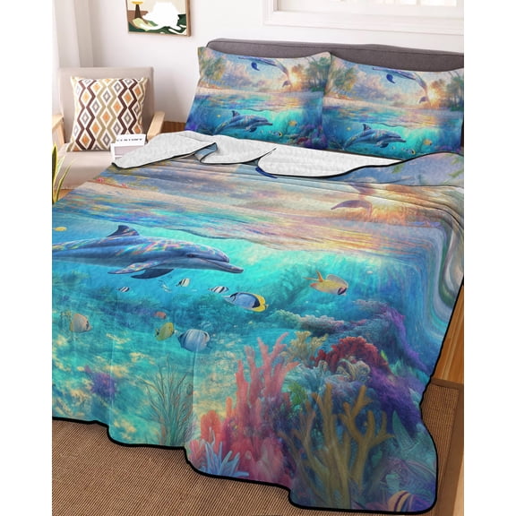 Ocean Dolphins Twin Size Down Alternative Comforter, Lightweight Comforter Quilt Bedding Set with Pillow Shams Summer Coral Coconut Trees Tropical Fish All Seasons Bed Comforter Duvet Insert 68"x86"