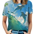 thumbnail image 1 of Ocean Dolphins Wave Art Womens Tops Women's Fashion Casual Short Sleeve Flower Print Round Neck Pullover Top Blouse, 1 of 7