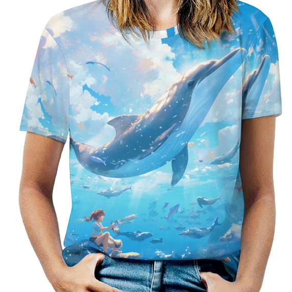 Ocean Dream Dolphin Womens Tops Women's Fashion Casual Short Sleeve Flower Print Round Neck Pullover Top Blouse