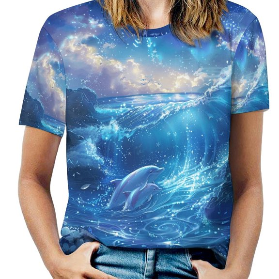 Ocean Dream Dolphins-1 Women's Short Sleeve T-Shirt Crew Neck Casual Summer Trendy Loose Fit Tops