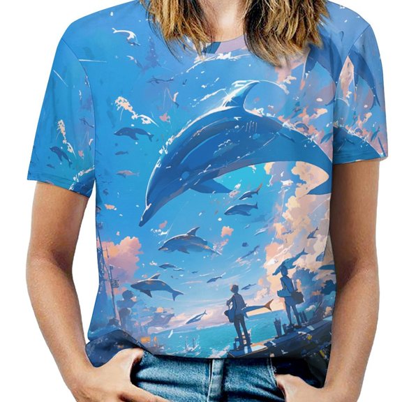 Ocean Dream Dolphins Women's T-Shirt Short Sleeve T Shirts Tops Tee Ladies Loose T