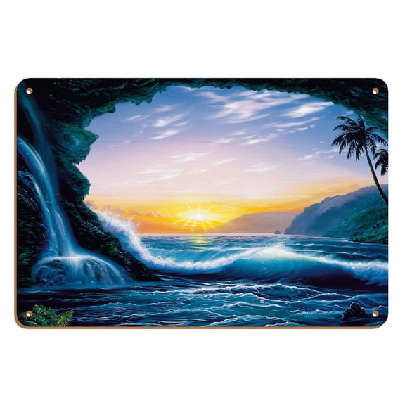 Ocean Dream - Hawaiian Waves at Sunset - From an Original Color Painting by Steve Sundram - 8 x 12 inch Vintage Wood Art Sign