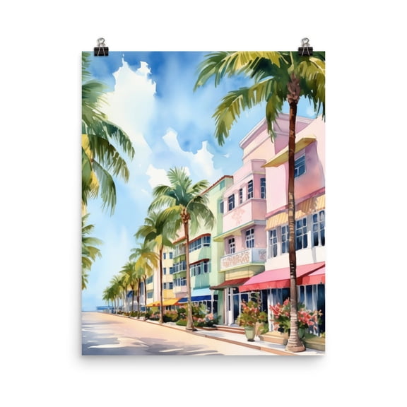 Ocean Drive Miami Print, South Beach Wall Art, Art Deco Cityscape Poster, Florida Travel Decor, Colorful Streetscape Artwork Home Decor #4017, Stretched Canvas Size 8x12