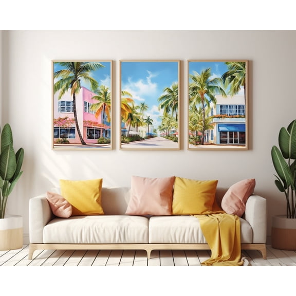 Ocean Drive Watercolor Print Miami Art Deco Wall Art Colorful Cityscape Artwork South Beach Home Decor Florida Travel Poster Set 3