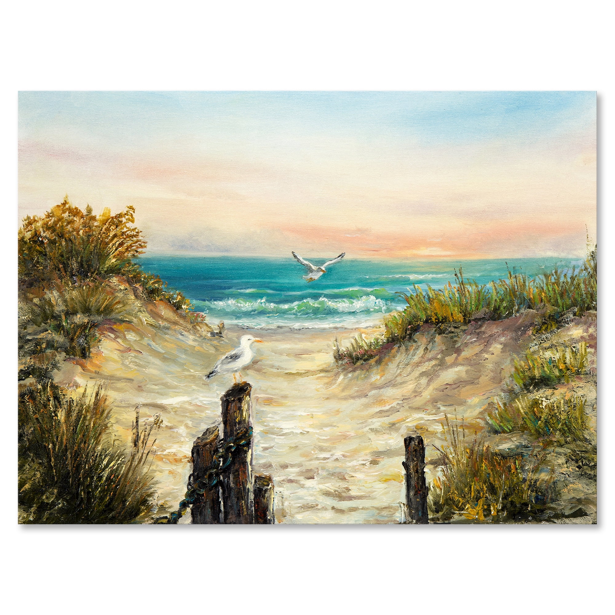 Ocean Dunes During Pink Sinset on Beach 12 in x 8 in Painting Canvas Art Print, by Designart