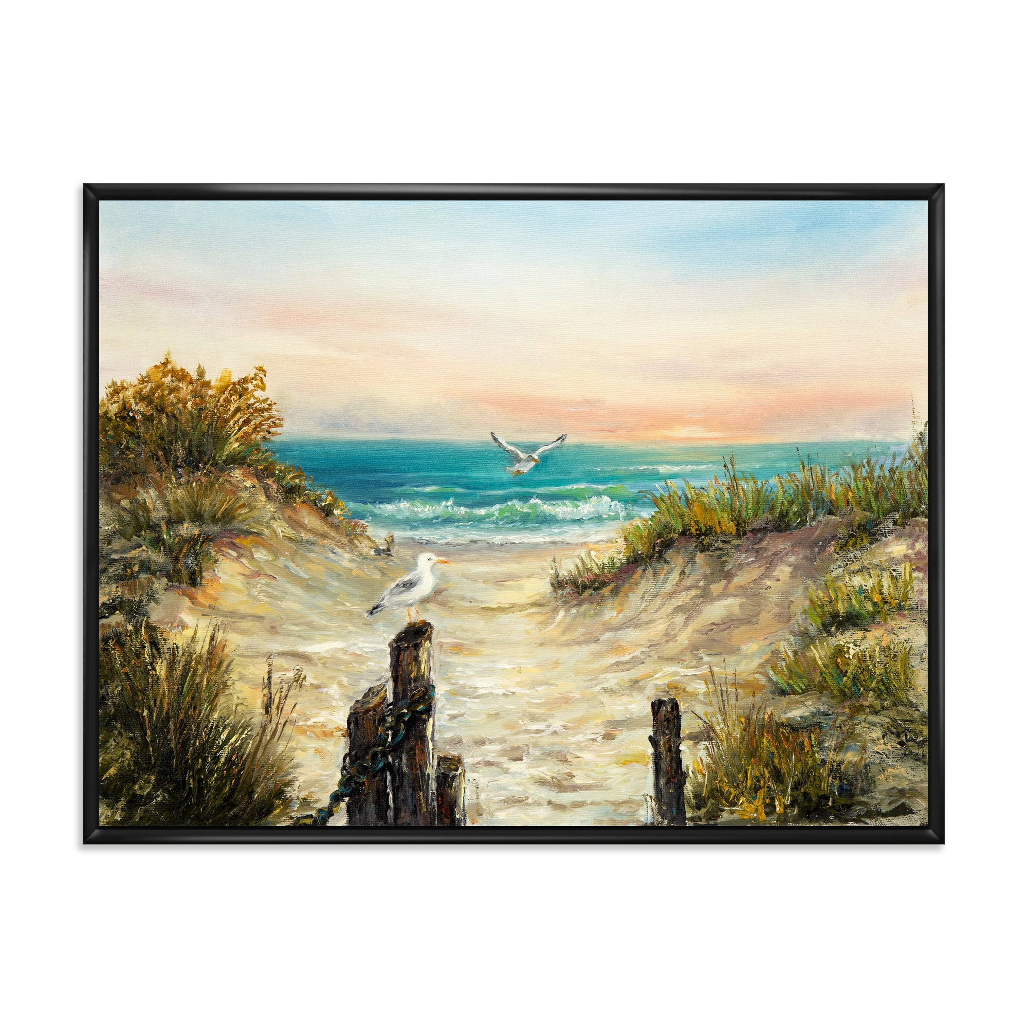 Ocean Dunes During Pink Sinset on Beach 32 in x 24 in Framed Painting Canvas Art Print, by Designart