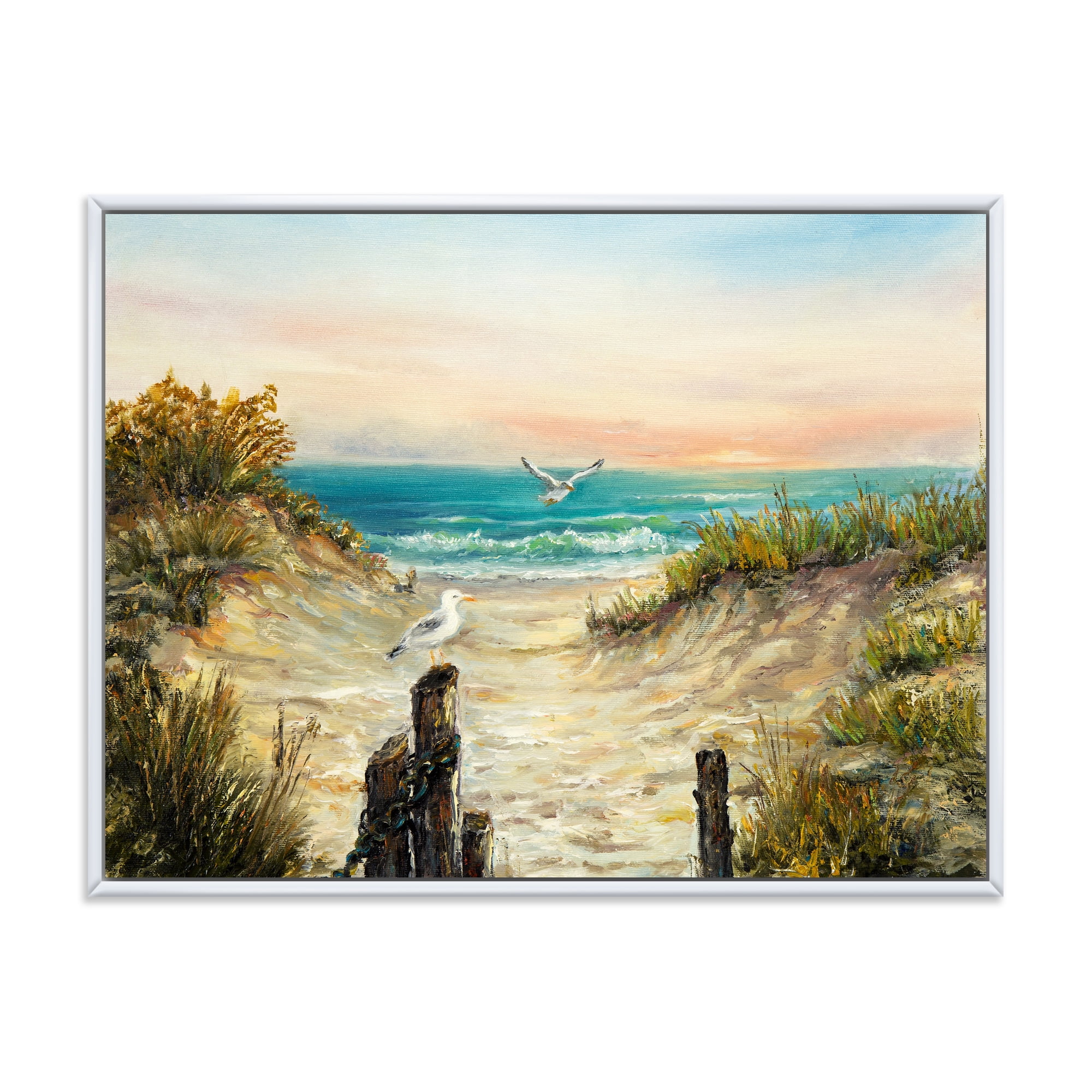 Ocean Dunes During Pink Sinset on Beach 40 in x 30 in Framed Painting Canvas Art Print, by Designart