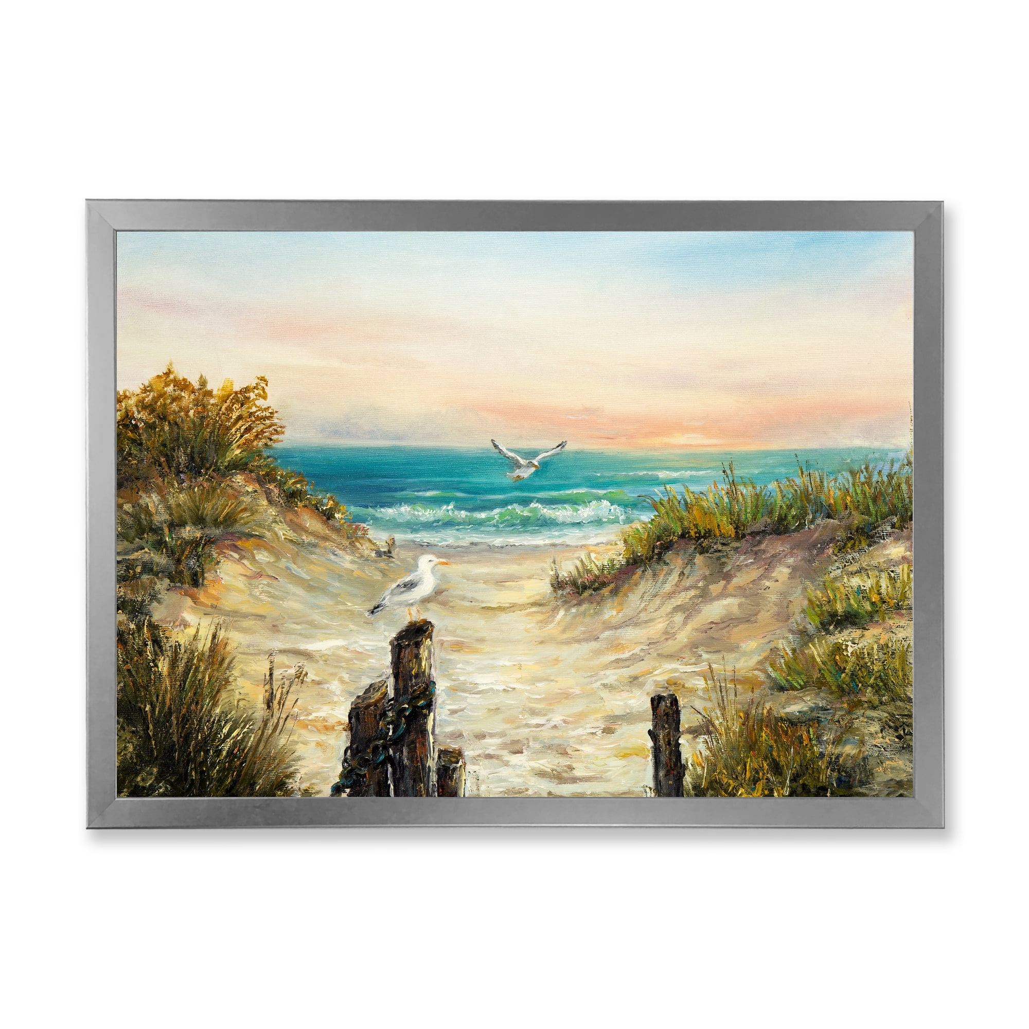 Ocean Dunes During Pink Sunset on Beach 32 in x 16 in Framed Painting Canvas Art Print, by Designart