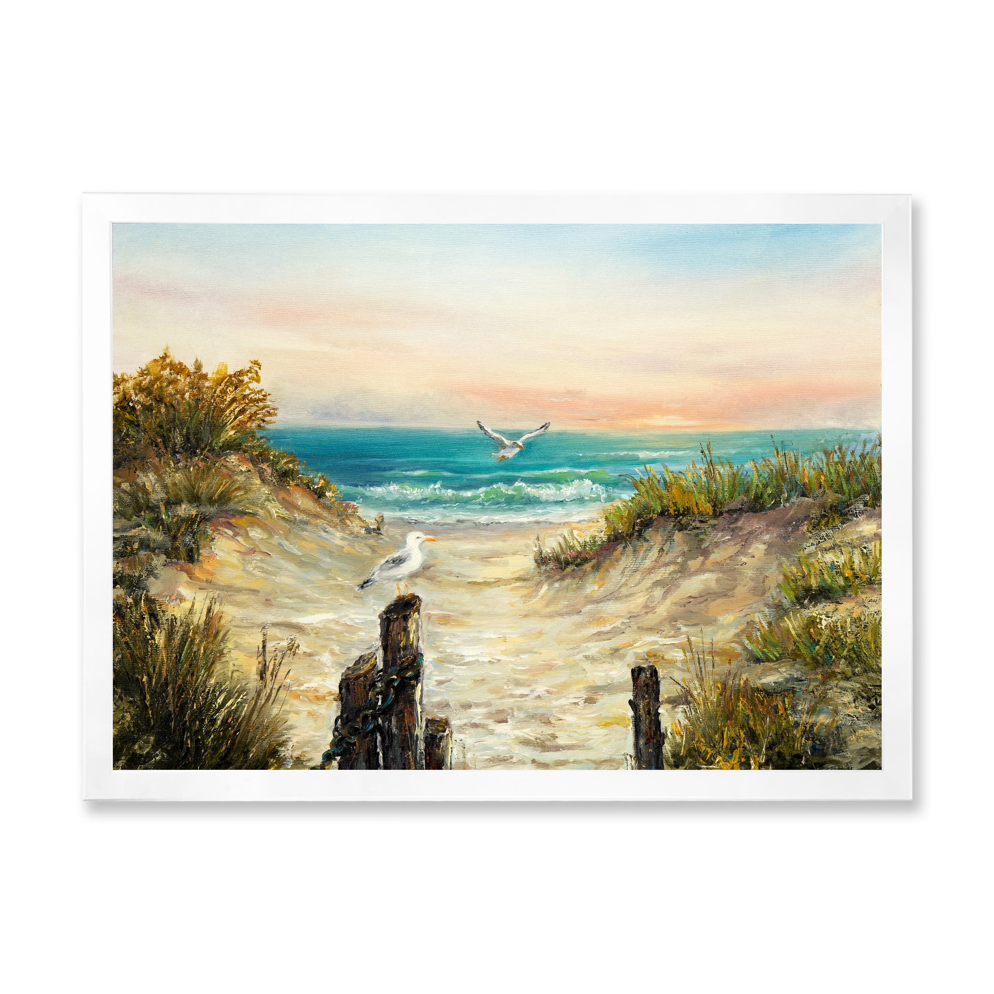 Ocean Dunes During Pink Sunset on Beach 32 in x 24 in Framed Painting Canvas Art Print, by Designart