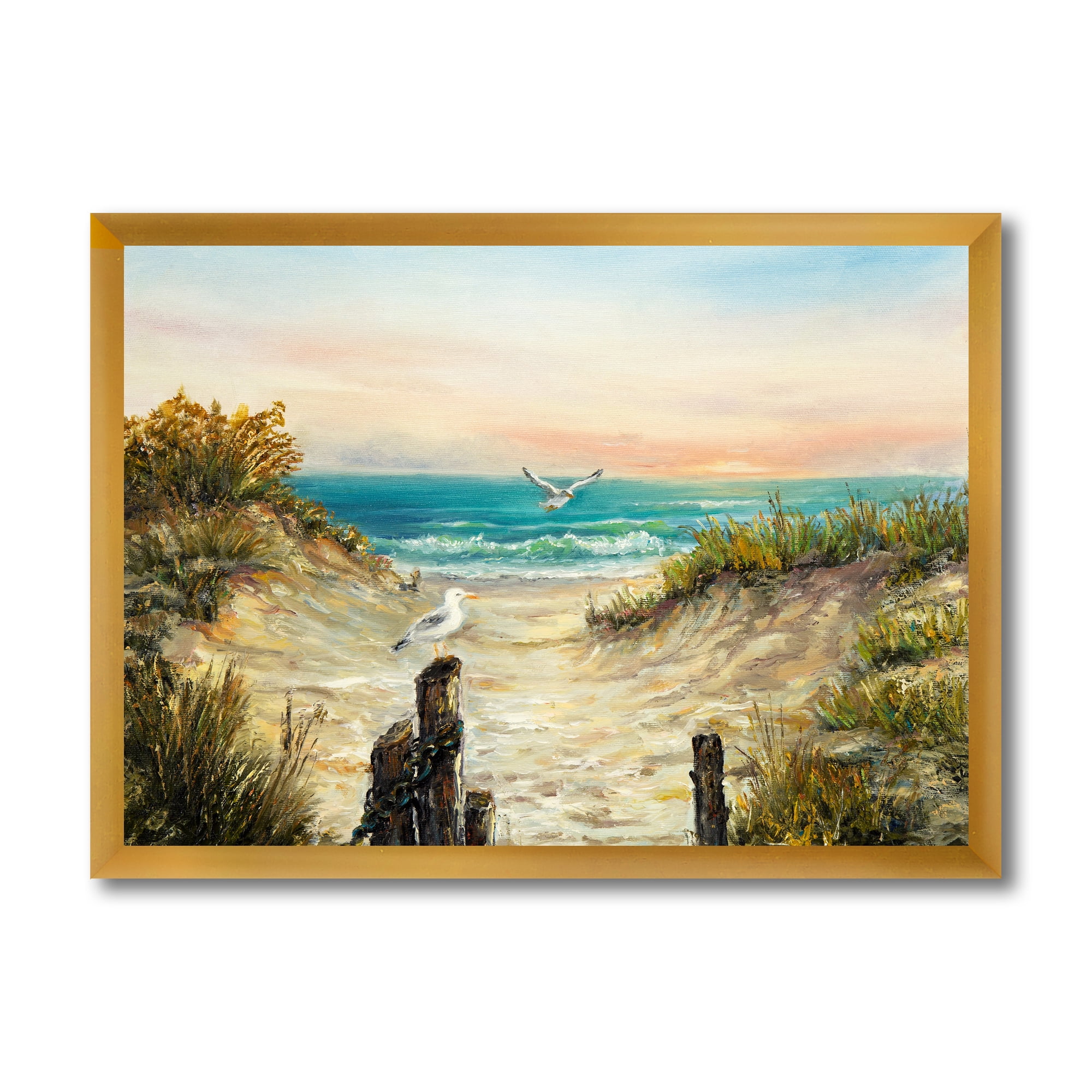 Ocean Dunes During Pink Sunset on Beach 32 in x 24 in Framed Painting Canvas Art Print, by Designart